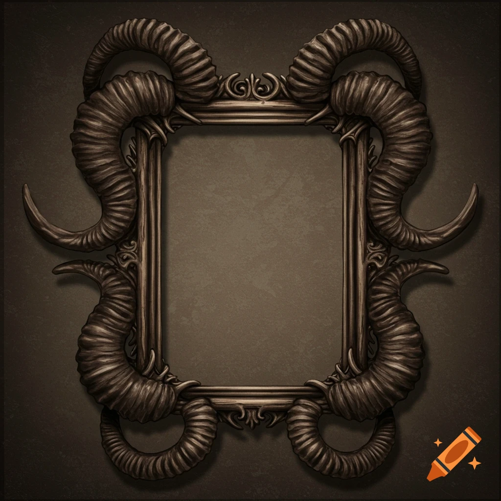 A dark, vintage gothic frame made from intertwining ram horns with ornate details, set against a dark background.