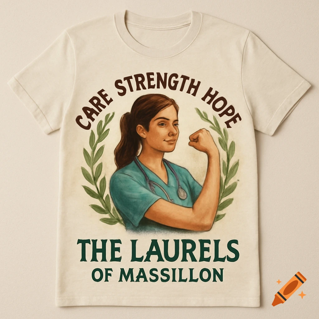 A cream t-shirt with an illustration of a woman in medical scrubs, flexing her arm, surrounded by laurel leaves. Text reads 'CARE STRENGTH HOPE' and 'THE LAURELS OF MASSILLON'.