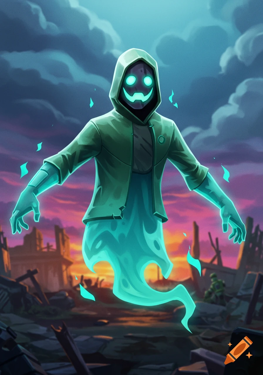 A glowing blue-green phantom in a green hoodie floats over a ruined landscape against a dramatic sky, in a stylized game art style.