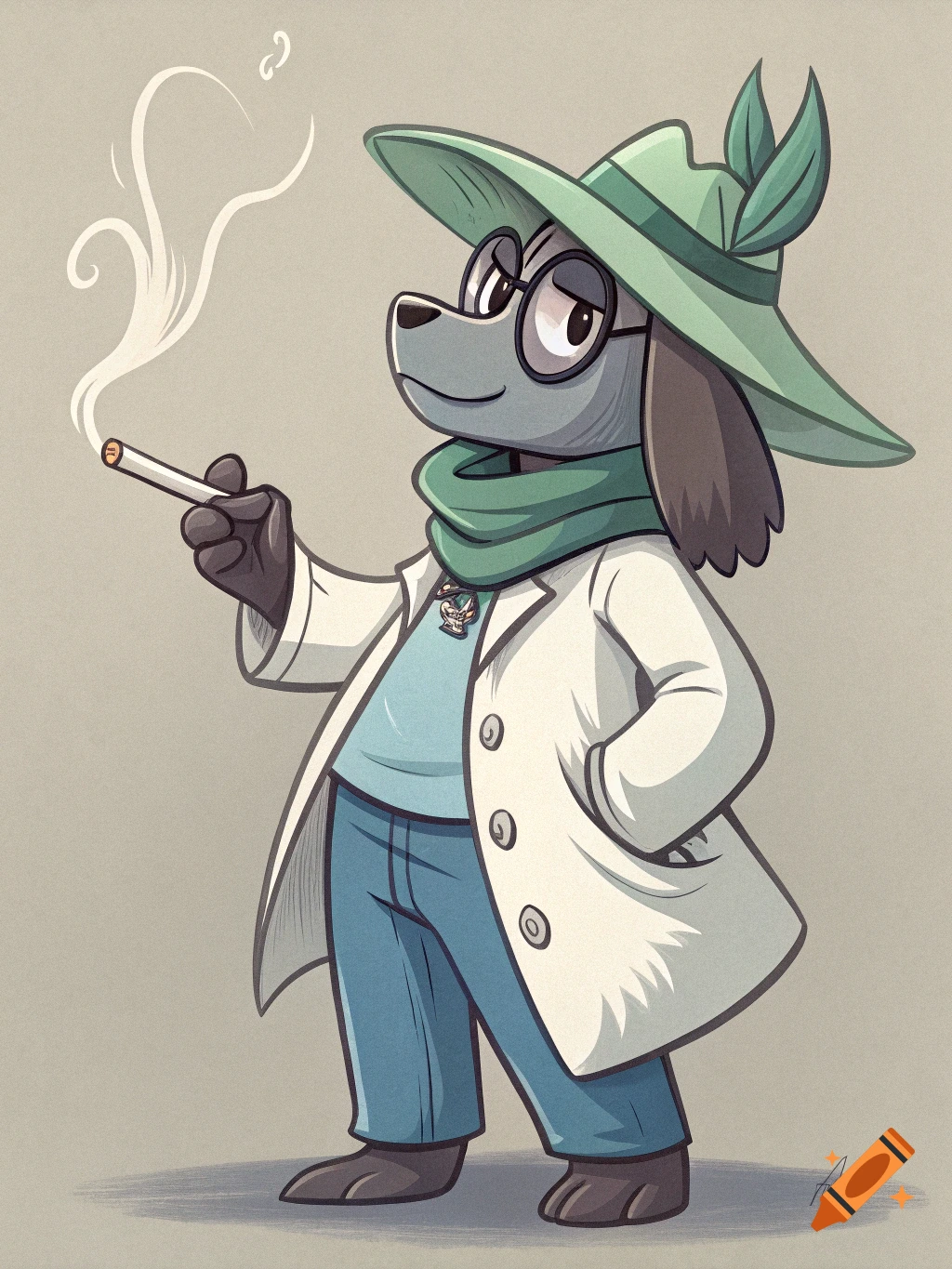 A cartoon dog-like character in a green hat, green scarf, white lab coat, and blue pants, holding a lit cigarette with smoke rising. The art style is clean with bold outlines.