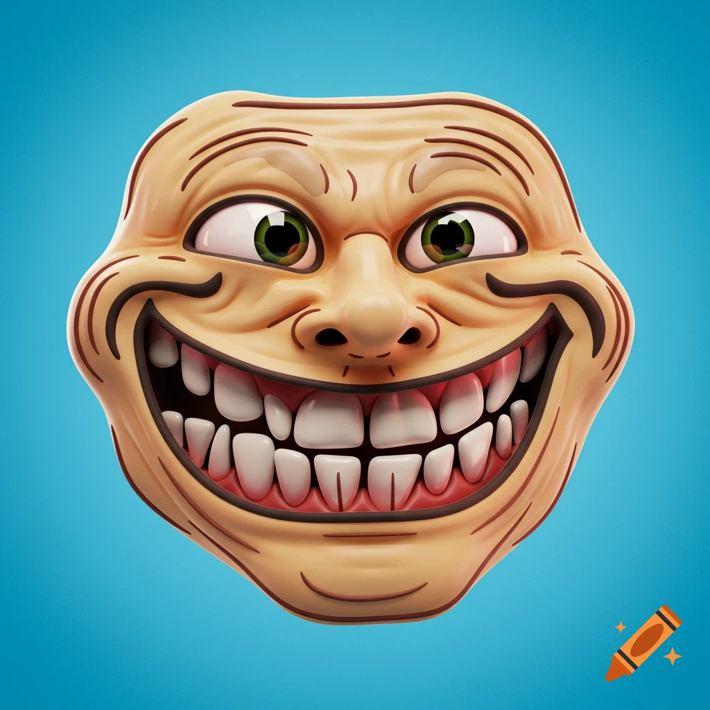 3D rendering of the Trollface meme with a wide, exaggerated smile against a blue background.