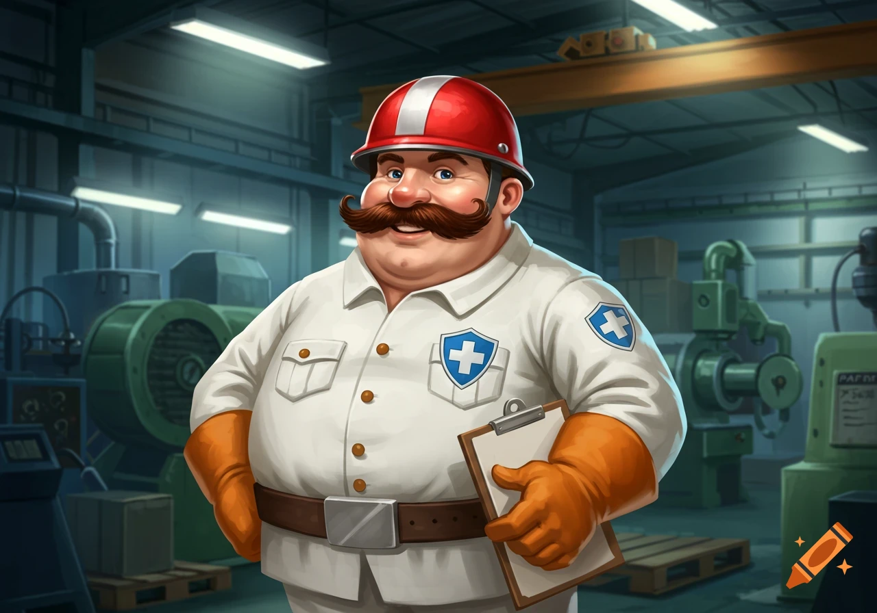 A cartoon man in a safety helmet and uniform with a mustache smiles while holding a clipboard in a factory.
