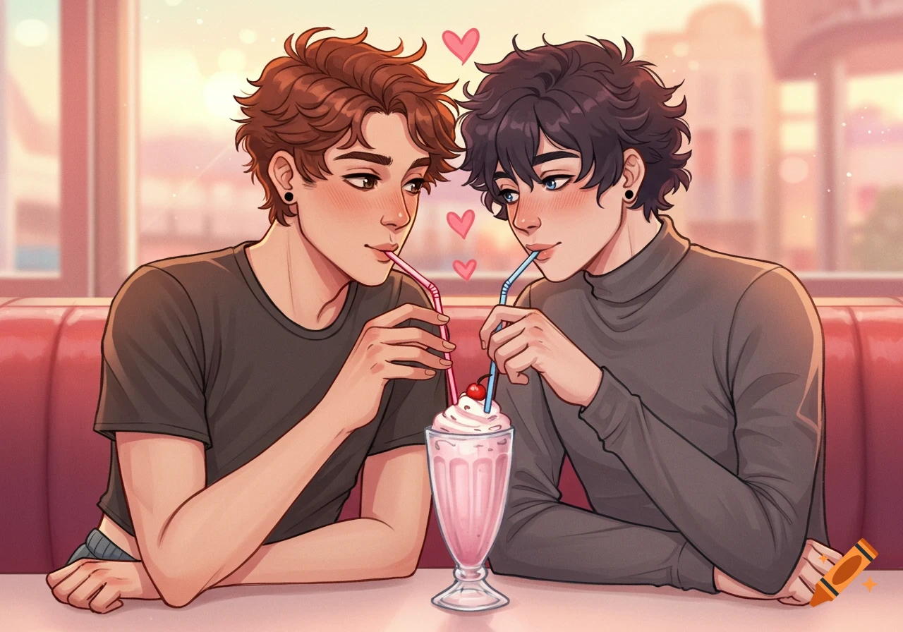 Anime-style drawing of two young men sharing a strawberry milkshake with two straws at a pastel retro diner, with pink hearts floating.