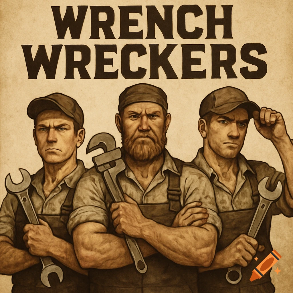 Three muscular men in overalls holding wrenches, with 'WRENCH WRECKERS' text above, in a gritty illustration style.