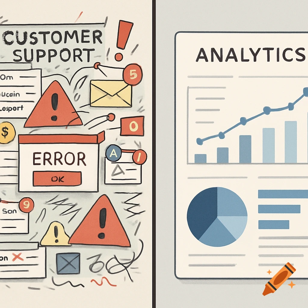 Split illustration showing a chaotic customer support dashboard on the left and a clean, organized analytics dashboard with graphs on the right, in a hand-drawn style.