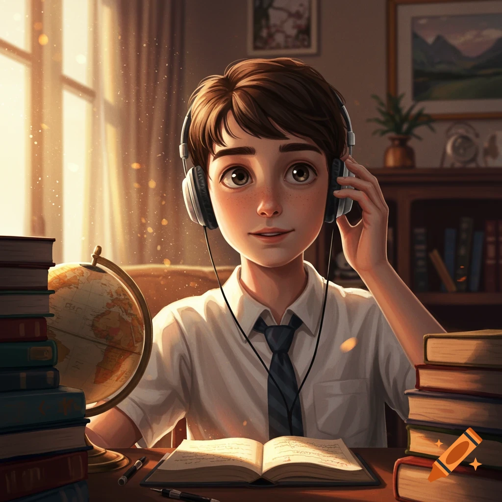 An illustrated image of a boy with headphones studying at a desk with books and a globe.