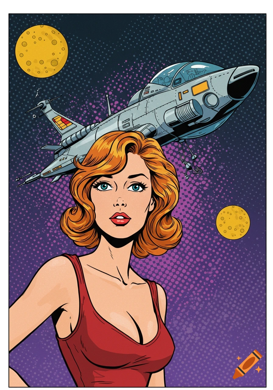 Pop art illustration of a woman with red hair in a red top, a spaceship, and two moons in a purple, starry sky.