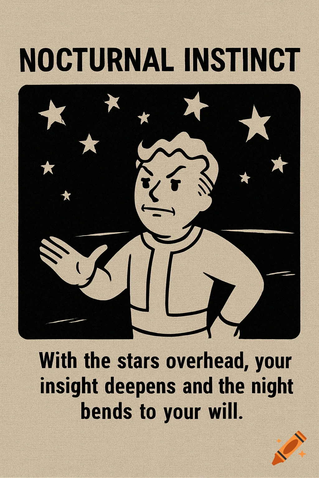 A retro cartoon poster featuring a determined man with stars in the background, labeled 'NOCTURNAL INSTINCT' in the Fallout style.