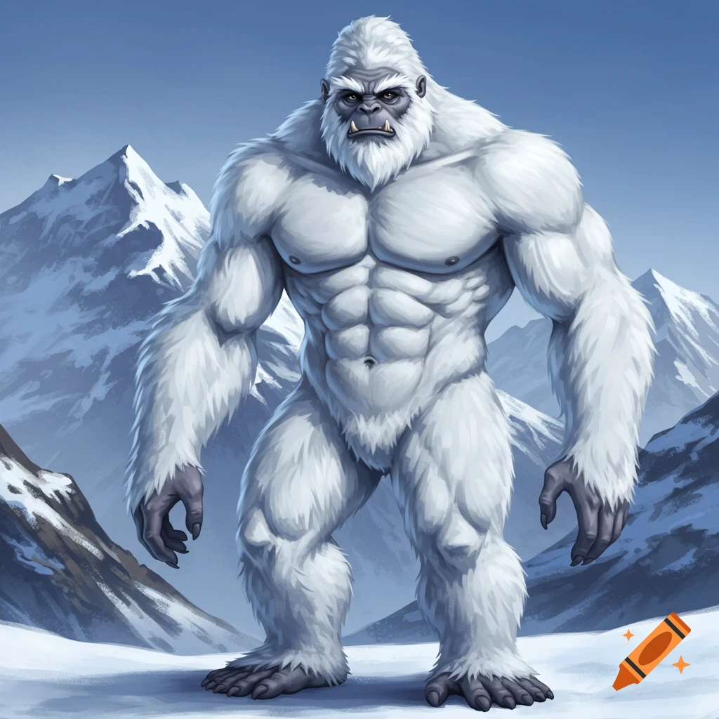 A muscular, white-furred yeti stands in a snowy mountain landscape, depicted in an illustrative style.