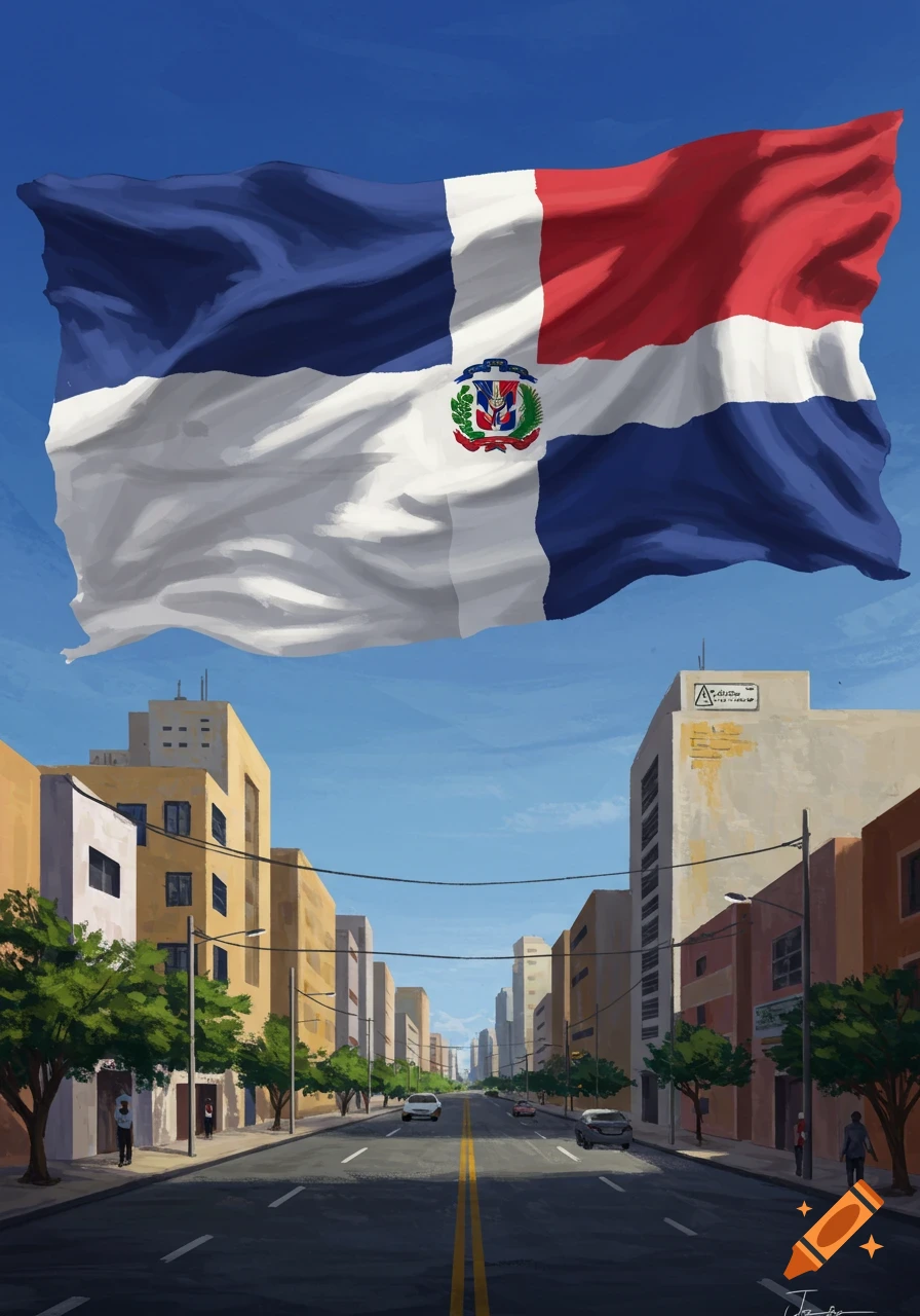 A stylized painting of the Dominican Republic flag waving high above a city street lined with buildings and trees under a clear blue sky.