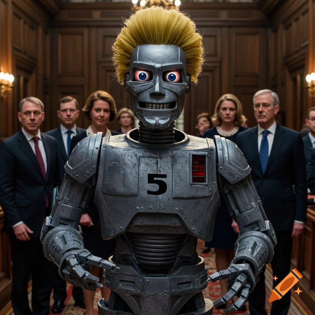 A photorealistic image of the robot Johnny 5 with bright yellow hair and red eyes, standing in a formal wood-paneled room surrounded by suited politicians. The robot has the number '5' on its chest.