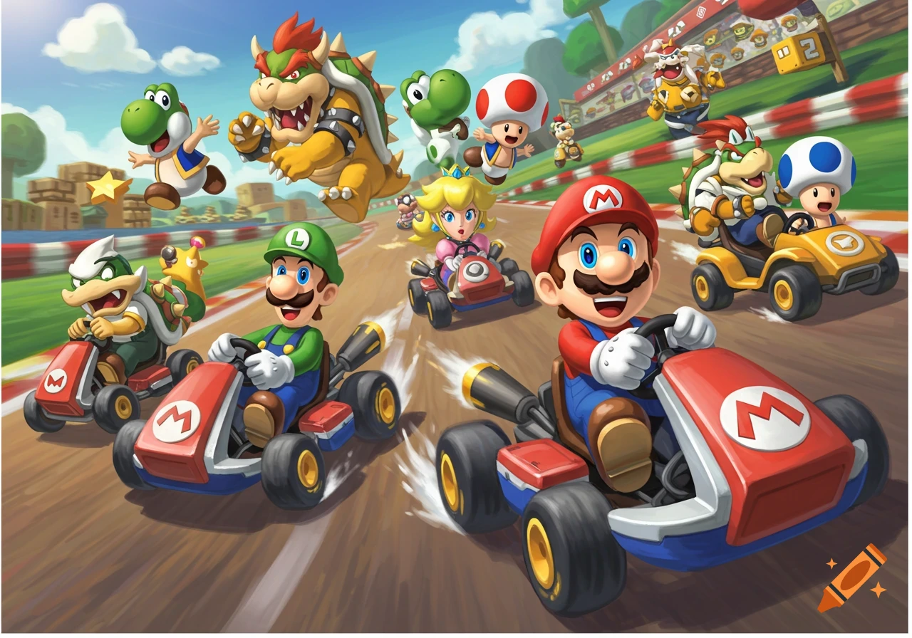 Mario, Luigi, Bowser, Peach, Yoshi, and other Mario Kart characters race on a track under a blue sky in a vibrant cartoon style.
