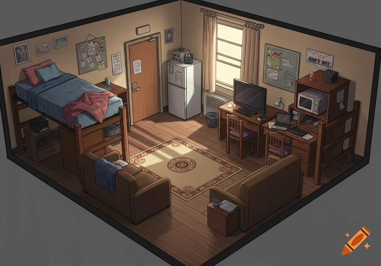 Isometric illustration of a college dorm room with a bunk bed, two desks, a mini-fridge, two couches, and a rug.