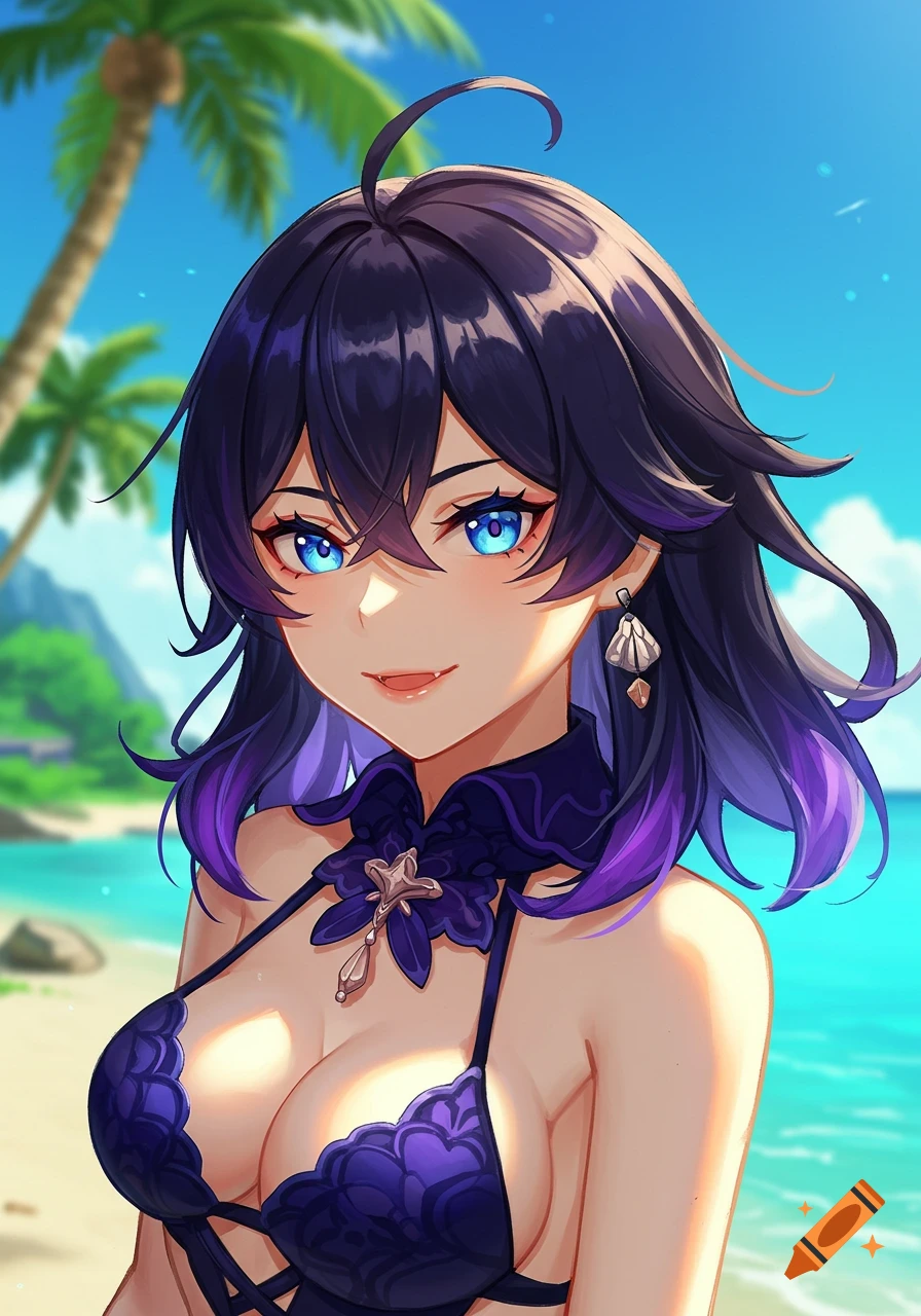 Anime girl with dark purple hair and blue eyes in a dark purple swimsuit on a tropical beach.