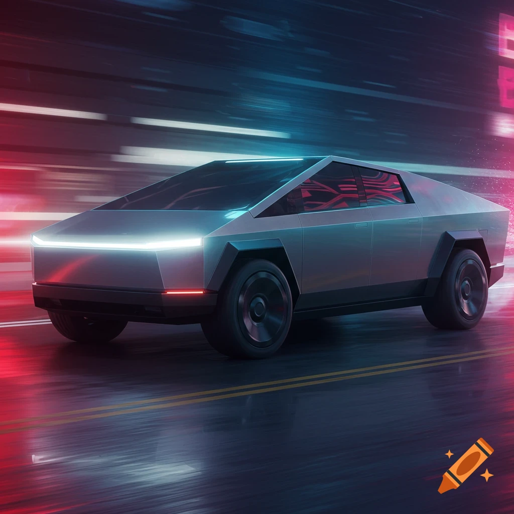 A sleek, futuristic gray vehicle with bright headlights drives on a wet road at night, surrounded by neon red and blue light trails.