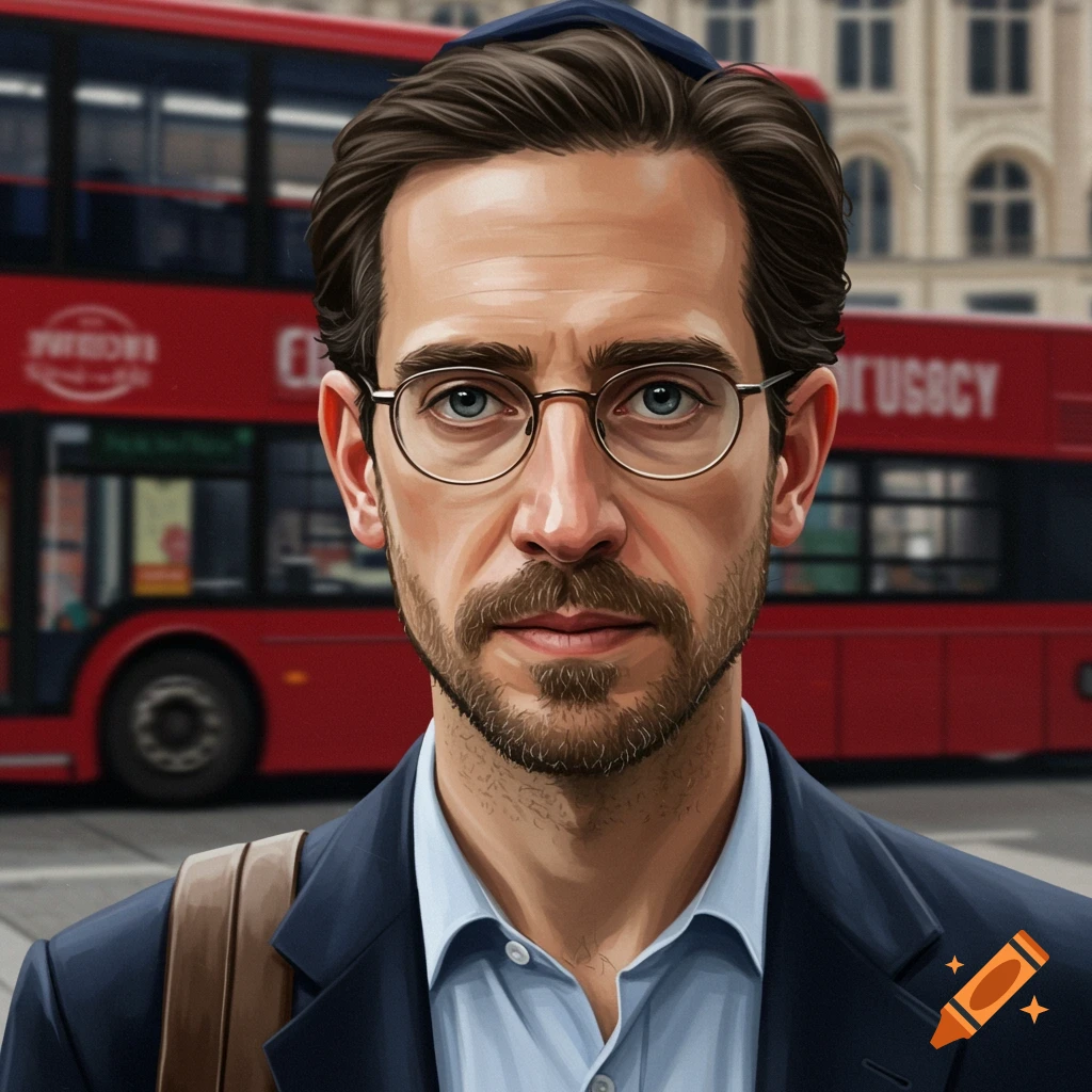 A man with a beard and glasses wears a kippah and a suit, standing on a London street with a red double-decker bus in the blurred background.