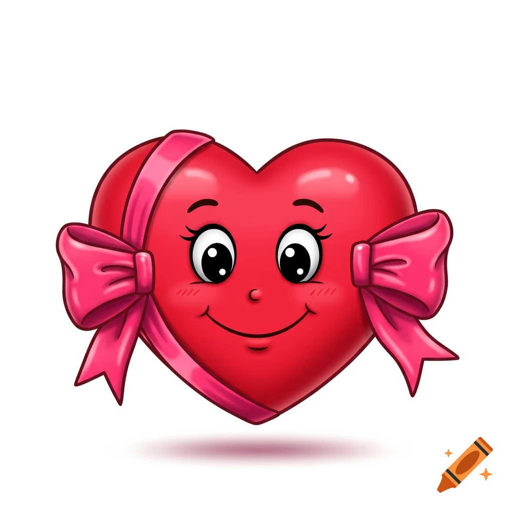 A cartoon red heart with a happy smiley face and pink bows tied around it.