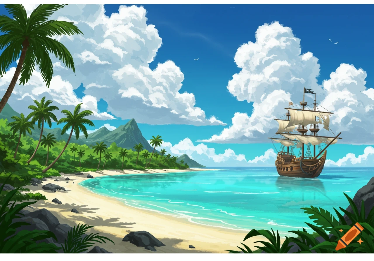 Illustrative tropical beach with palm trees, a sandy shore, and a pirate ship on turquoise water under a blue sky.
