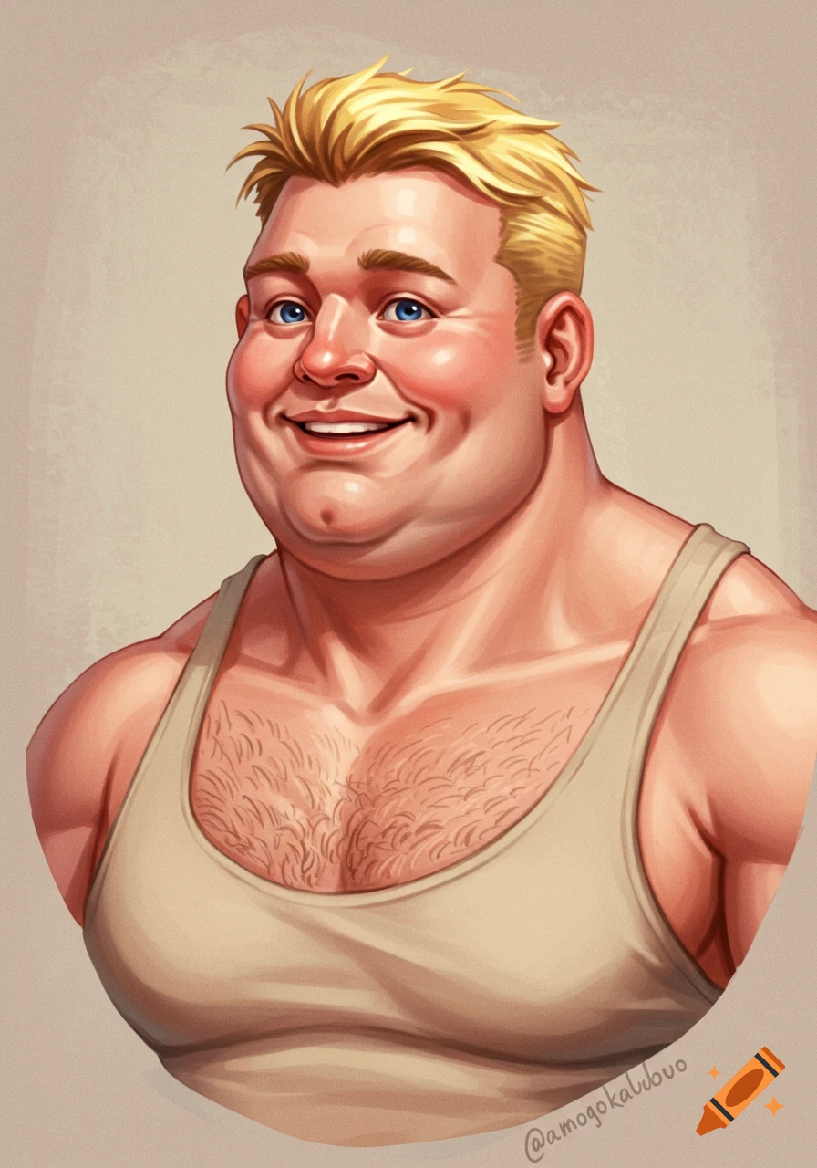 Stylized portrait of a smiling blonde muscular man with chest hair wearing a tank top.
