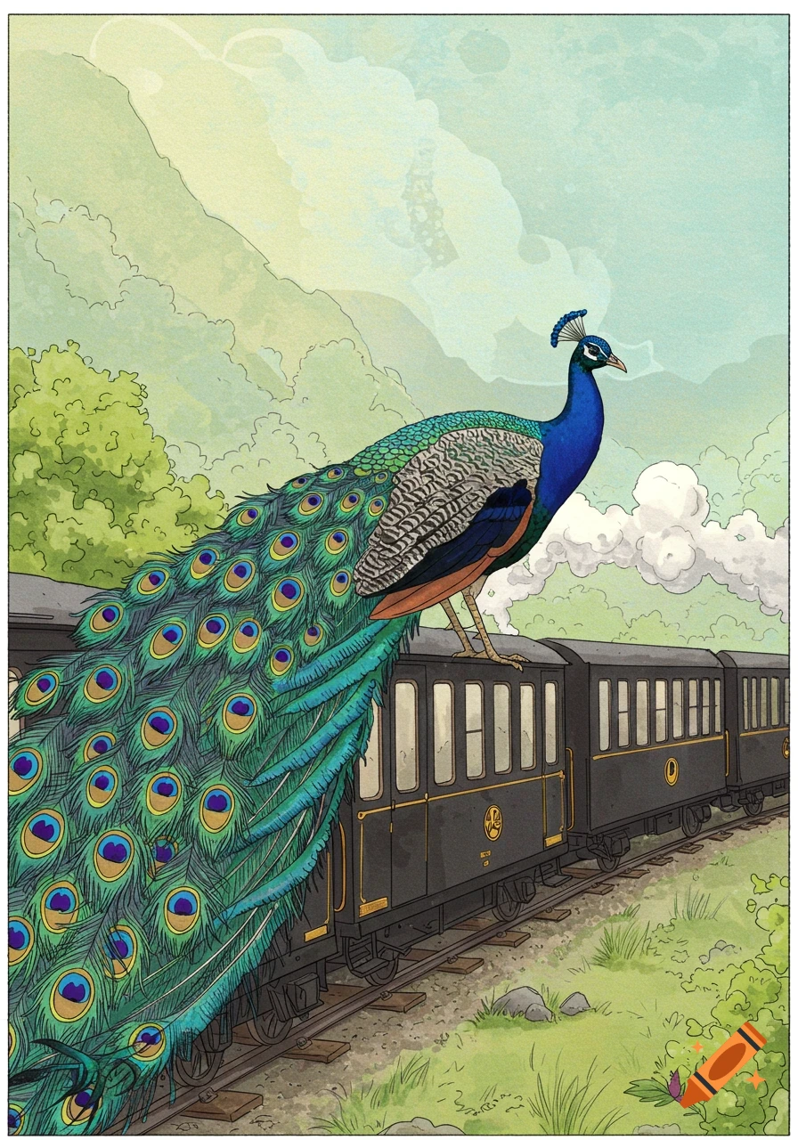 A colorful peacock with a long tail stands on top of a black train as it moves through a green, hilly landscape in an illustration style.
