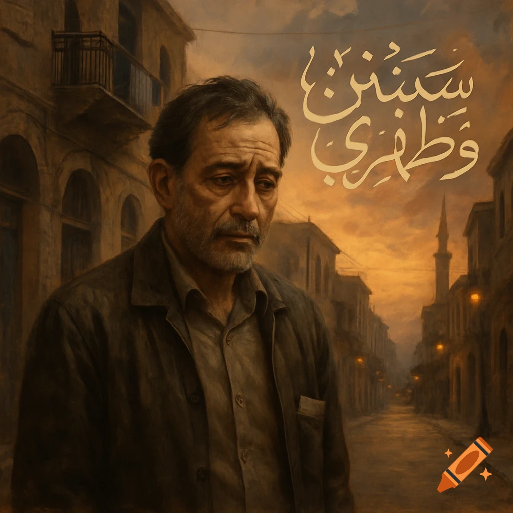 A middle-aged man with a beard stands on a dimly lit Beirut street at sunset, with Arabic calligraphy above him.