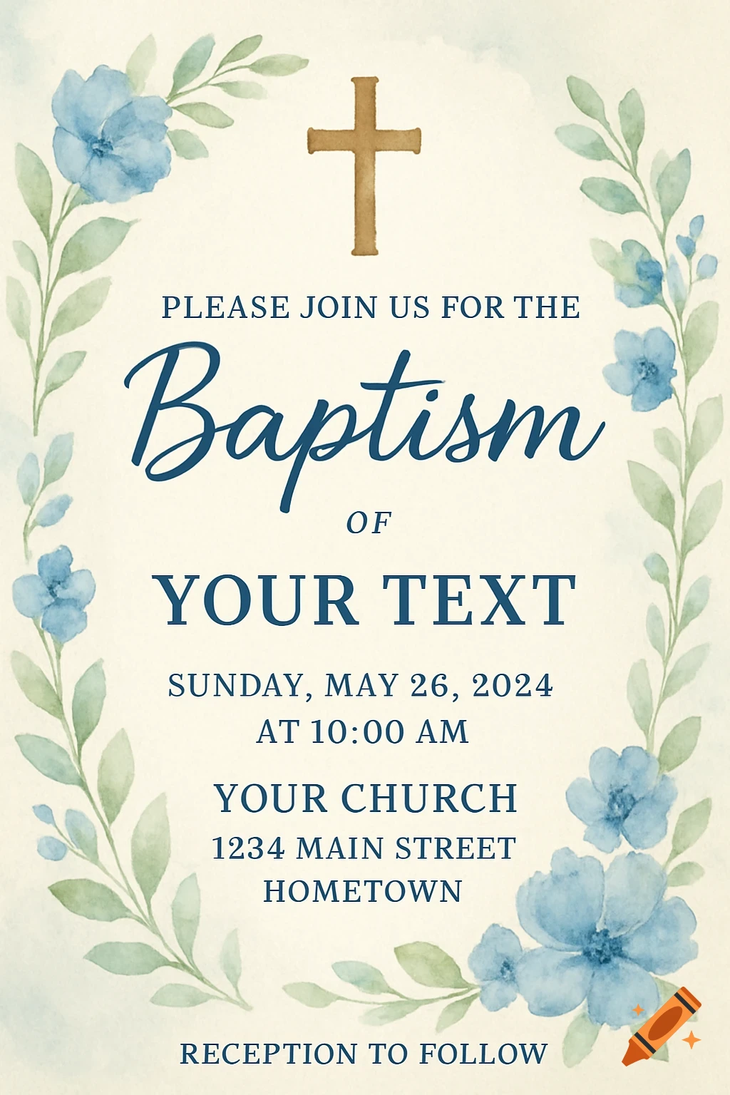 A digital baptism invitation with a watercolor-style border of blue flowers and green leaves. A brown cross is at the top, and event details are in blue text.