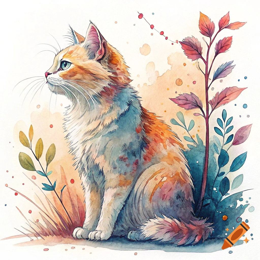 A vibrant watercolor illustration of a cat with orange, white, and blue fur, sitting among colorful plants.