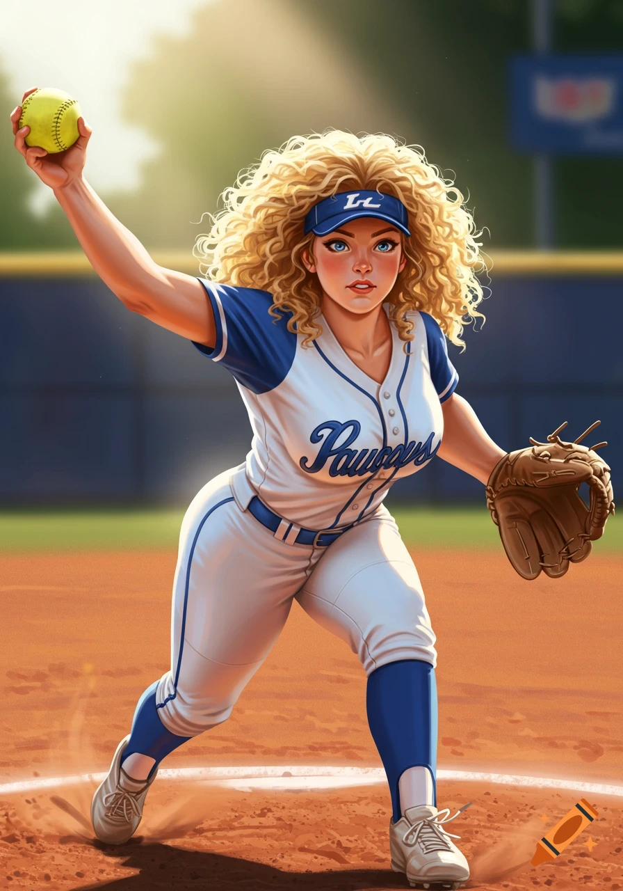 A stylized illustration of a curly blonde female softball pitcher in a blue and white uniform, preparing to throw a ball on a sunny field.