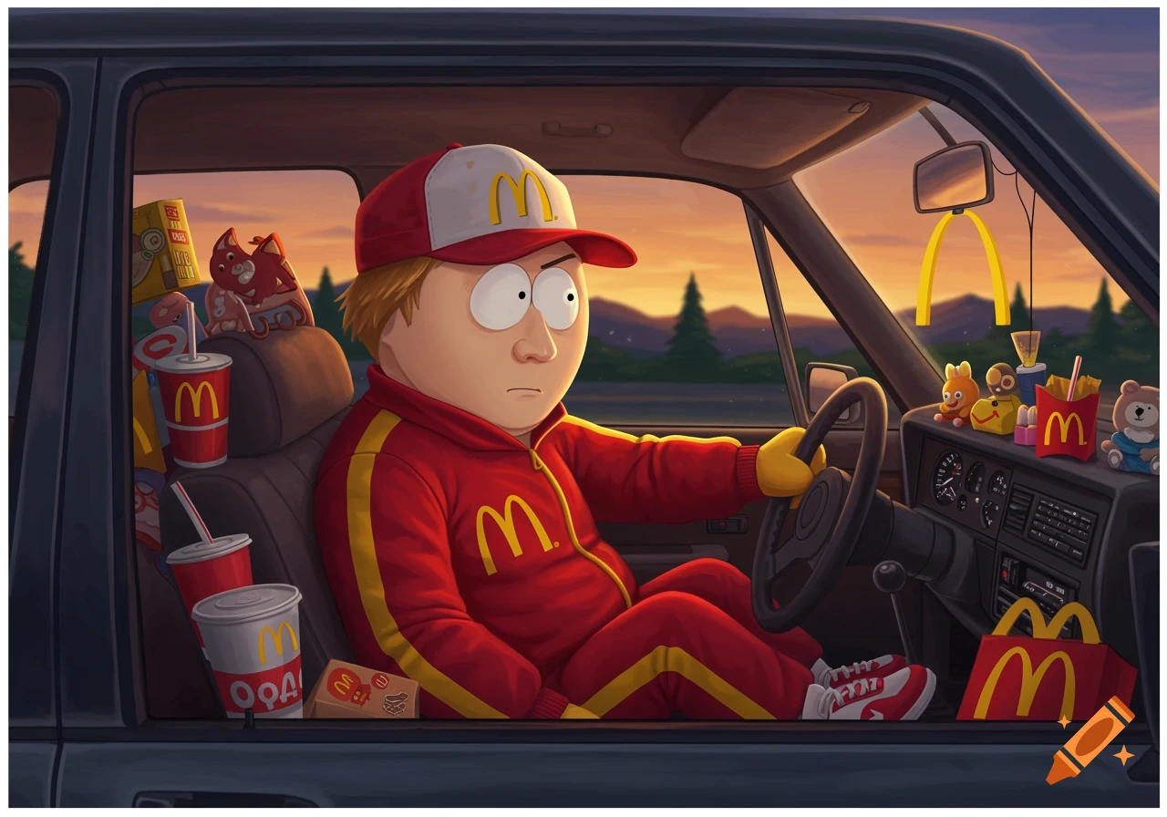 A cartoon character resembling Eric Cartman drives a car, dressed in a red and yellow McDonald's uniform, surrounded by McDonald's food and merchandise.