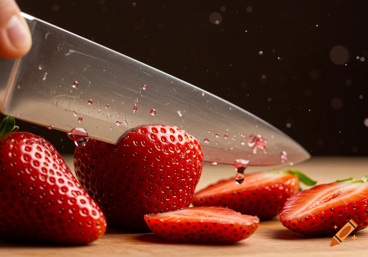 A close-up shot of a knife slicing a strawberry, with water droplets splashing, and cut strawberries in the foreground.