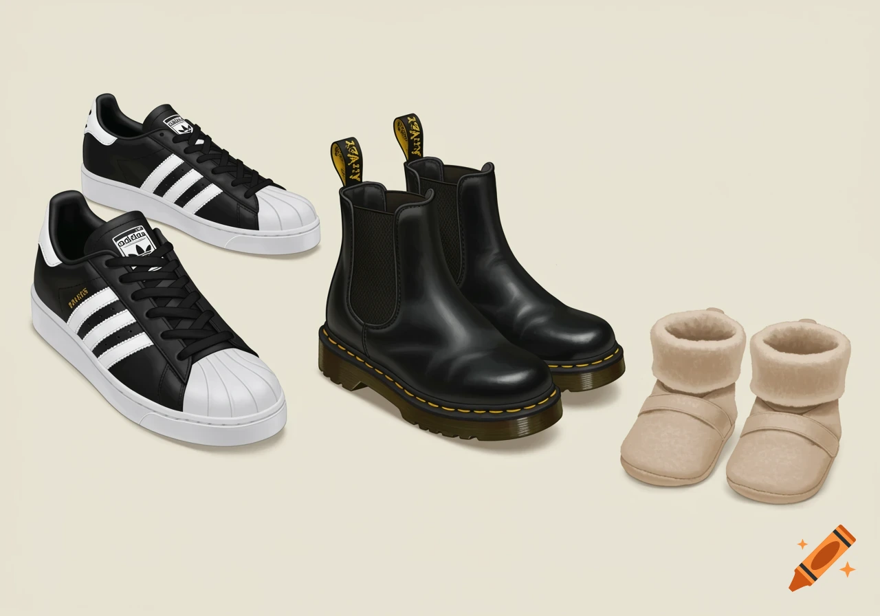 A painting of three pairs of shoes: black and white Adidas sneakers, black Dr. Martens Chelsea boots, and beige baby booties.