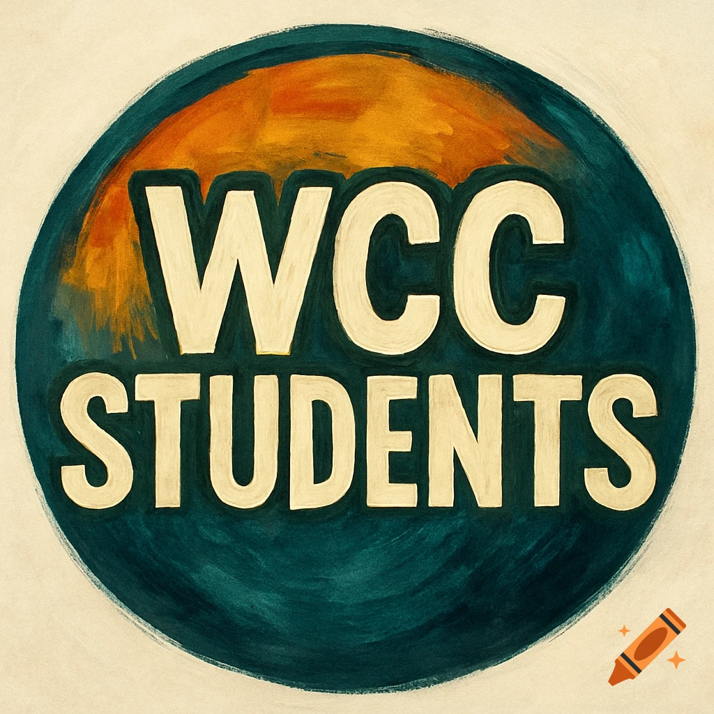 A round logo with "WCC STUDENTS" in white text on a teal and orange painted background.