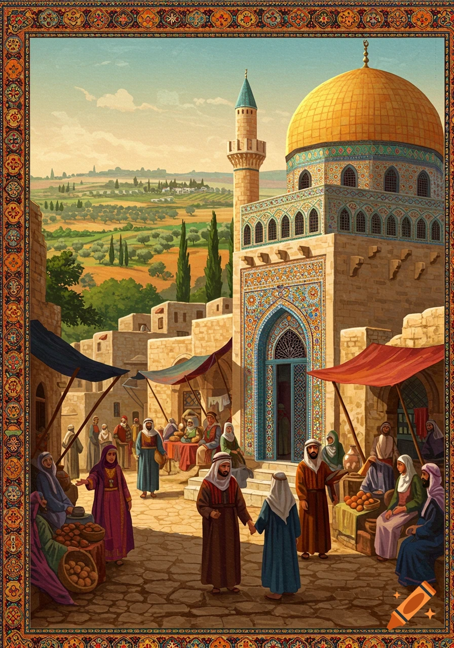 Vibrant illustration of a bustling Middle Eastern marketplace with people, stalls, and a large mosque with a golden dome under a clear sky.