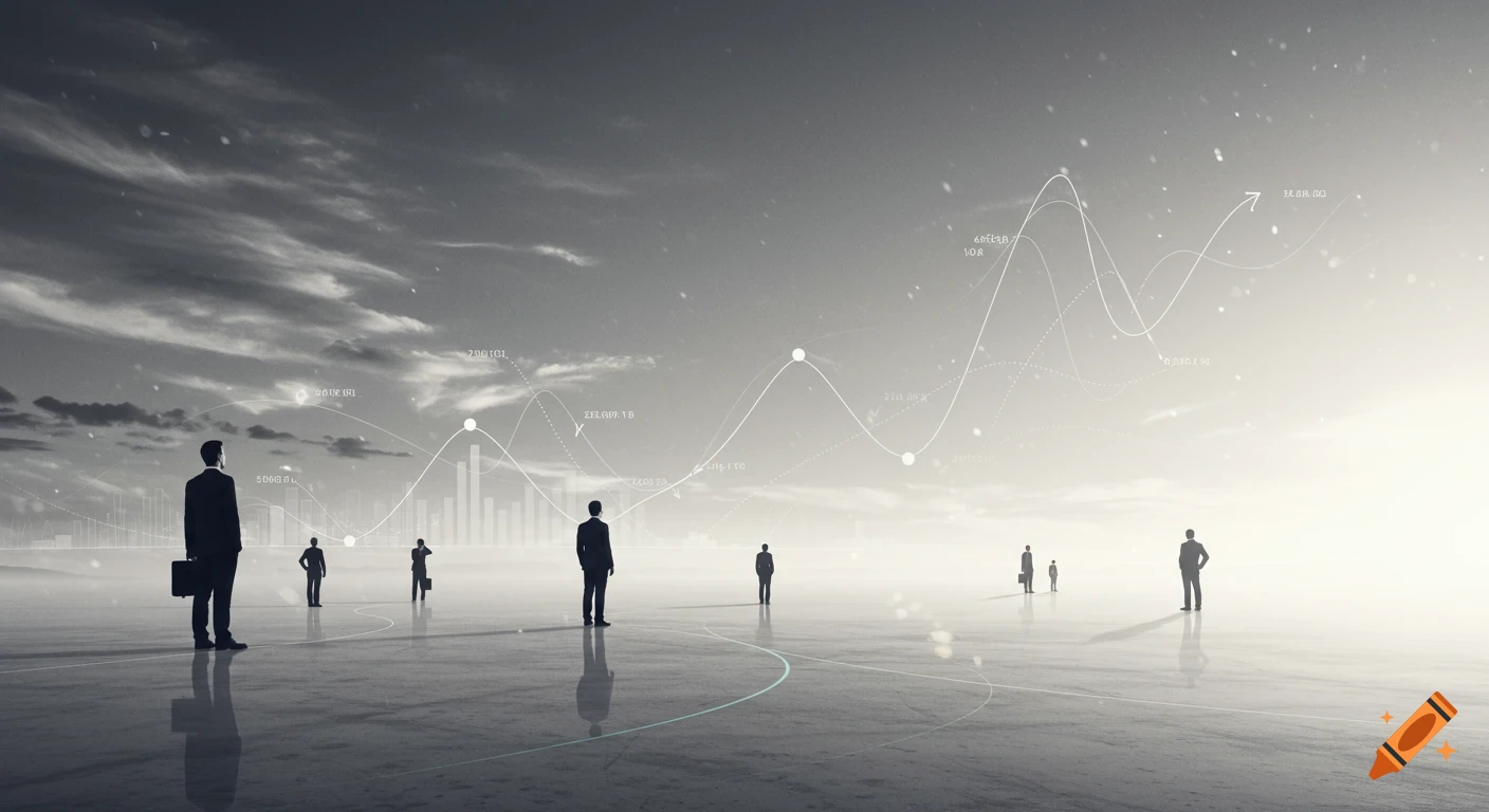Monochrome image of silhouetted business figures standing in an open, tranquil space with abstract financial graphs and data overlays in the sky.