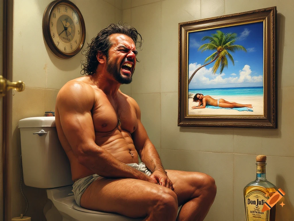 A muscular man with dark hair, grunting with effort, sits on a toilet in a bathroom next to a bottle of tequila. A framed picture of a woman lying on a tropical beach hangs on the wall.