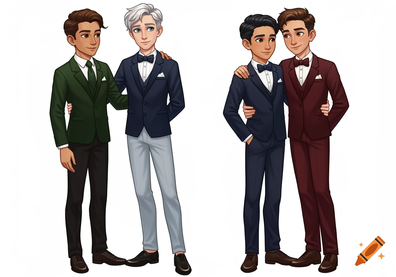 Two pairs of cartoon boys in formal suits embracing on a white background, in a stylized animation style.