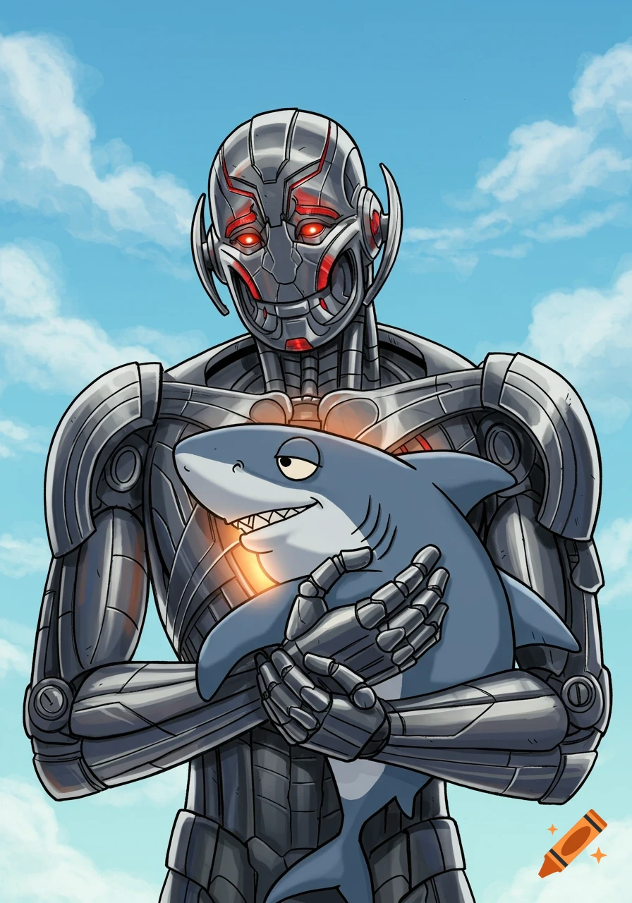Ultron, a gray robot, cuddles a cartoon blue shark named Jeff under a blue sky with clouds in a comic art style.