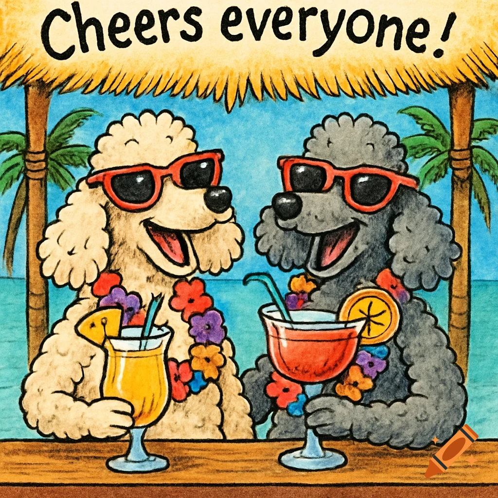 Hand-drawn cartoon of two poodles in leis and sunglasses drinking cocktails at a tropical bar with 'Cheers everyone!' text.
