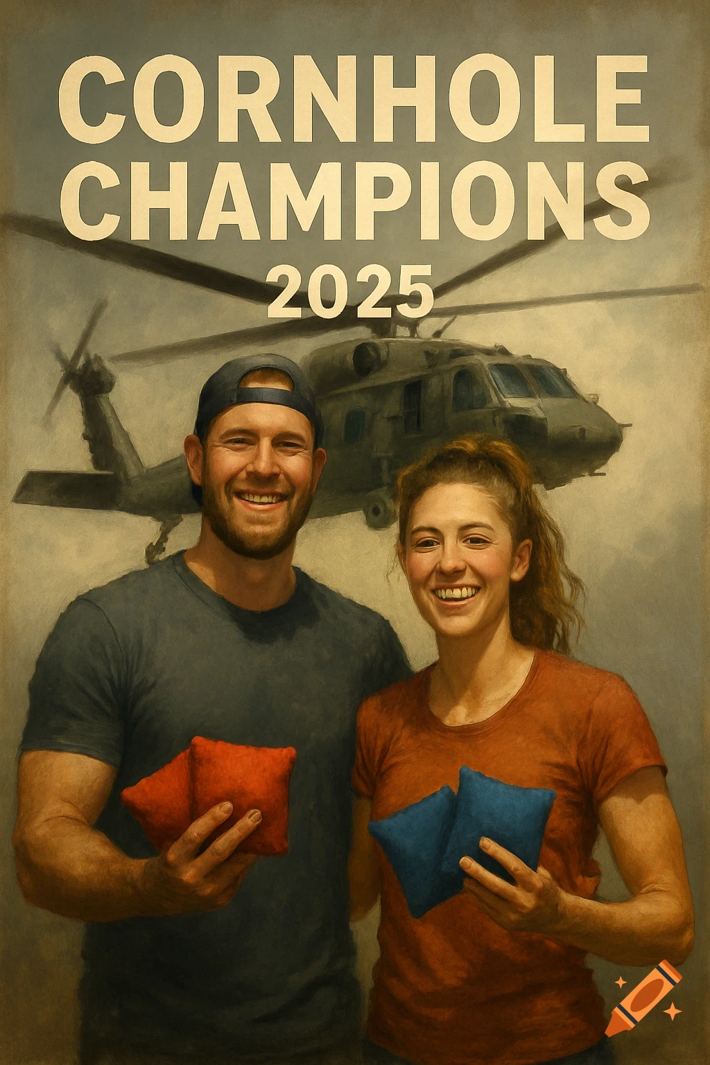 A man and woman smile, holding cornhole bags, with a helicopter and "CORNHOLE CHAMPIONS 2025" text, in a painted style.