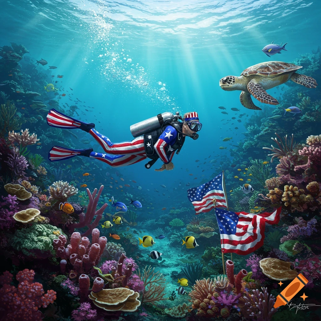 An American flag-clad scuba diver swims in a vibrant coral reef with fish and a sea turtle, two American flags planted in the foreground.