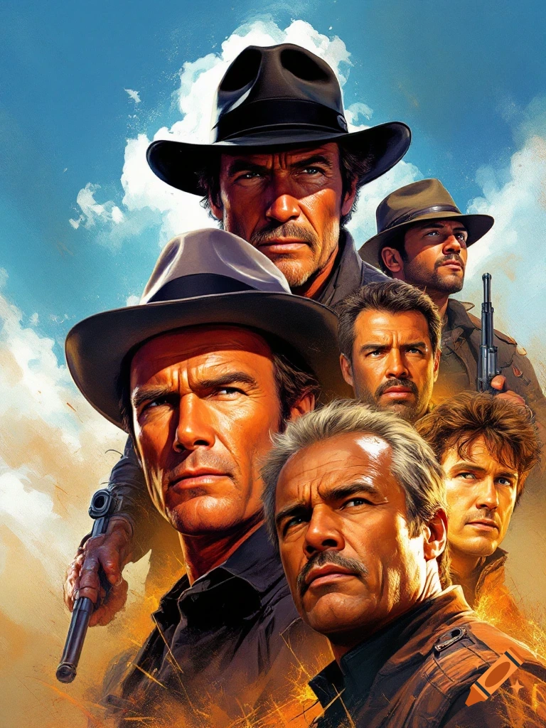 A dramatic movie poster featuring a composite of several stern-faced men in hats, some holding guns, against a blue sky with cloudy and fiery effects.