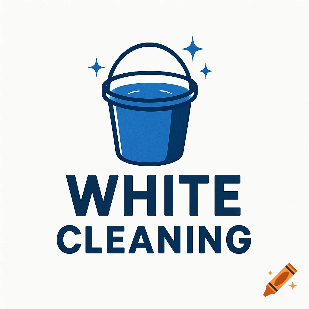 A blue bucket with water and stars above, with the text 'WHITE CLEANING' below, on a white background.