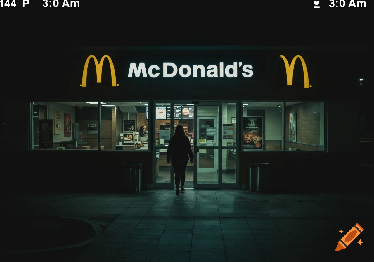 A woman walks into a McDonald's at night, captured in a dark, low-resolution CCTV style image with a timestamp.