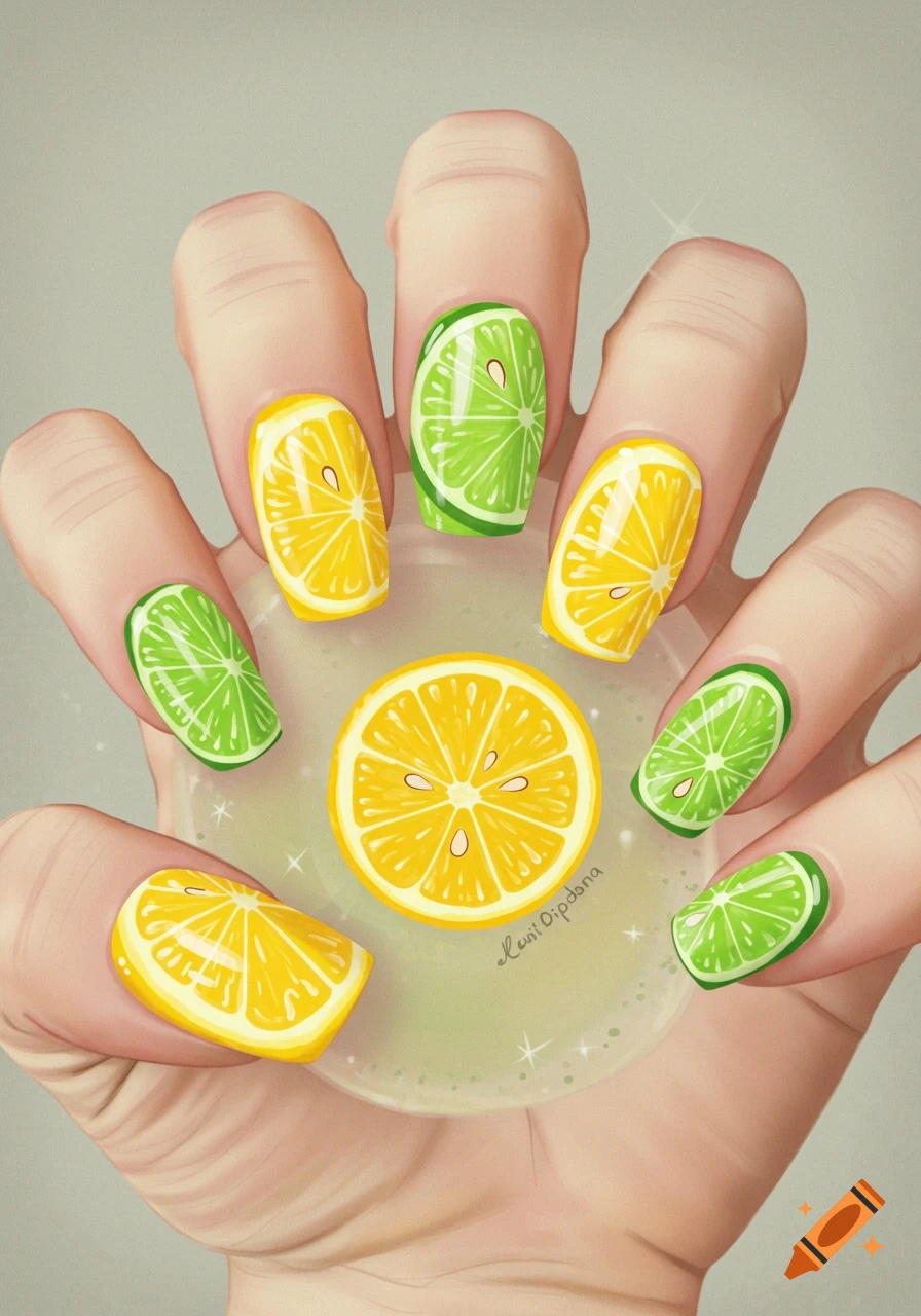 A hand with vibrant lemon and lime slice nail art holds a translucent disk featuring a large lemon slice, rendered in a colorful illustration style.