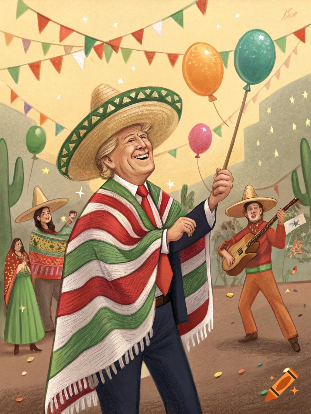 Illustration of Donald Trump in a sombrero and serape, holding balloons at a festive Cinco de Mayo celebration with other people.