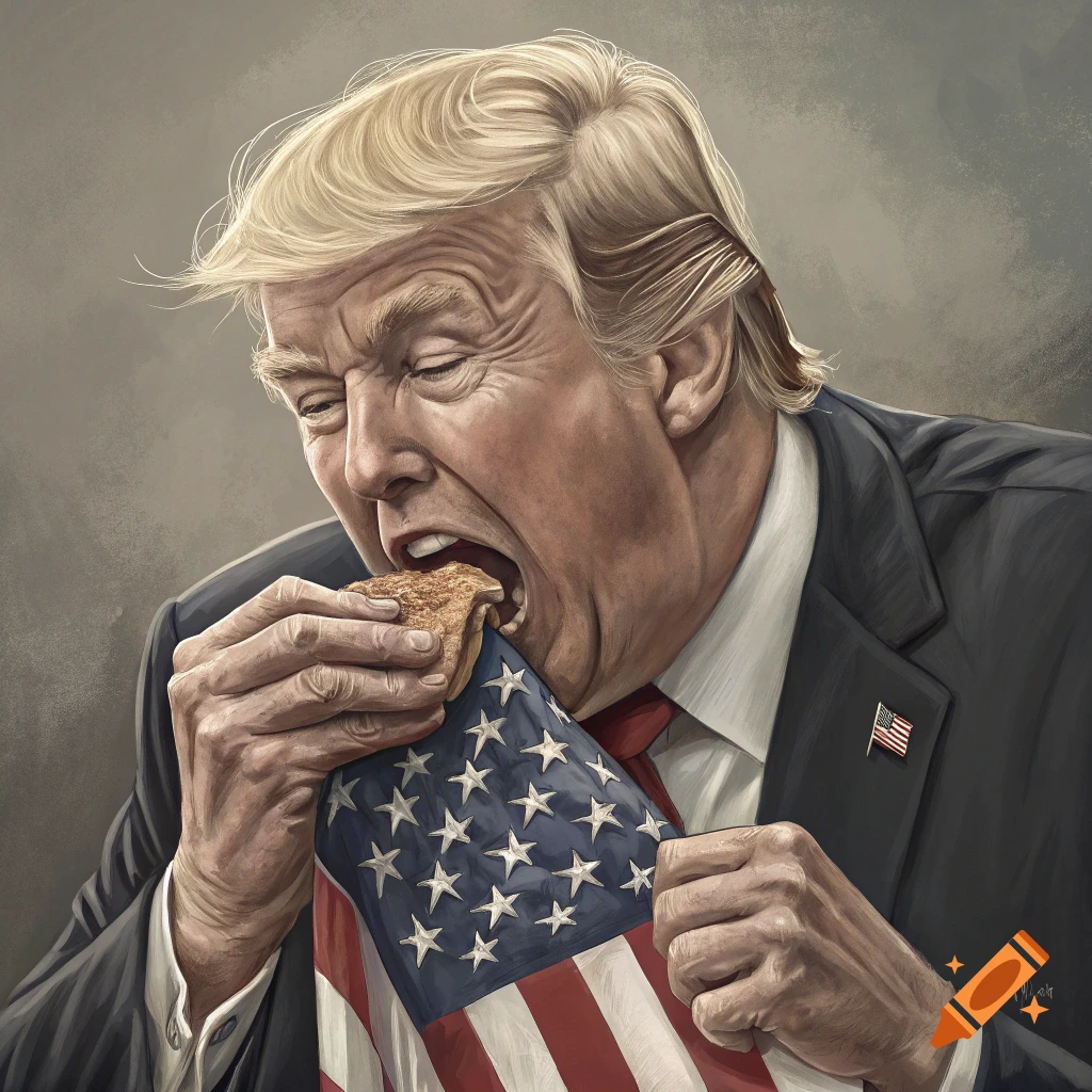 Illustration of Donald Trump, mouth wide open, biting into an American flag as if it were food.