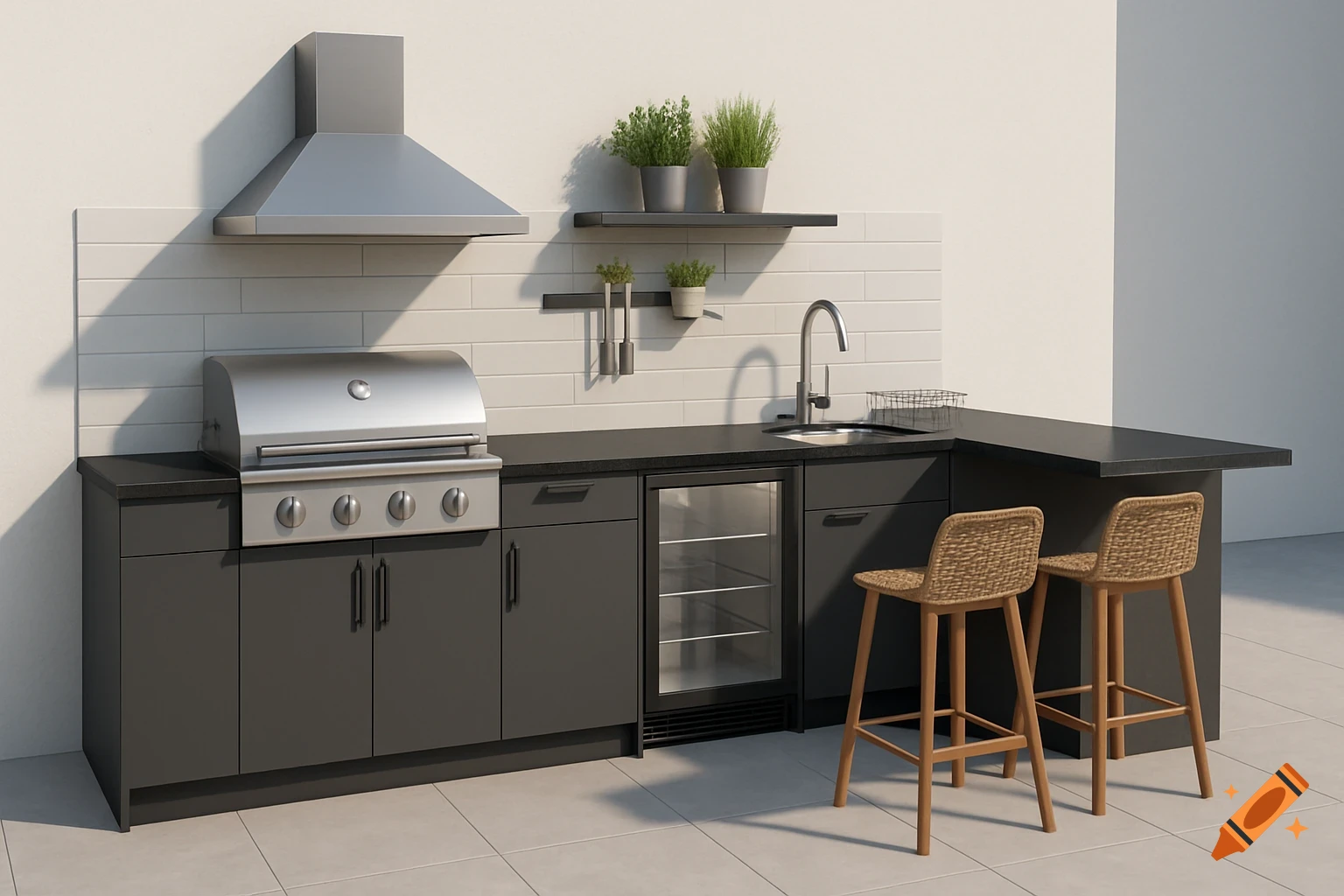 A modern outdoor kitchen with a stainless steel grill, sink, undercounter fridge, dark cabinets, and two woven bar stools.