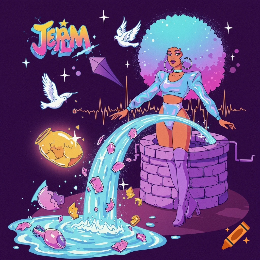 Pop art illustration of a woman with a colorful afro by a well, with water, glowing shards, and doves. Text 'Jerm'.