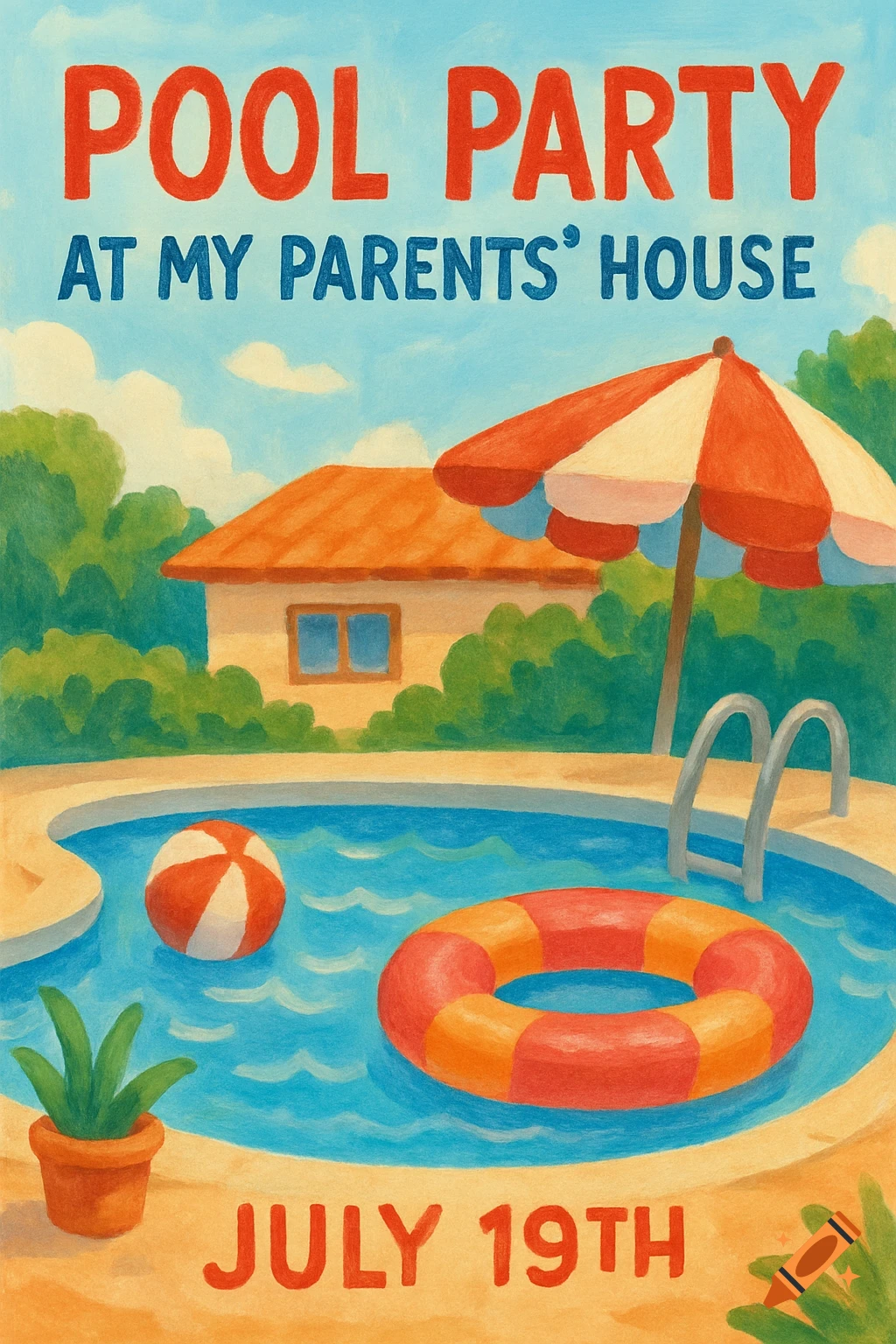 An illustrated invitation for a 'Pool Party at My Parents' House' on July 19th, featuring a pool, house, and umbrella.