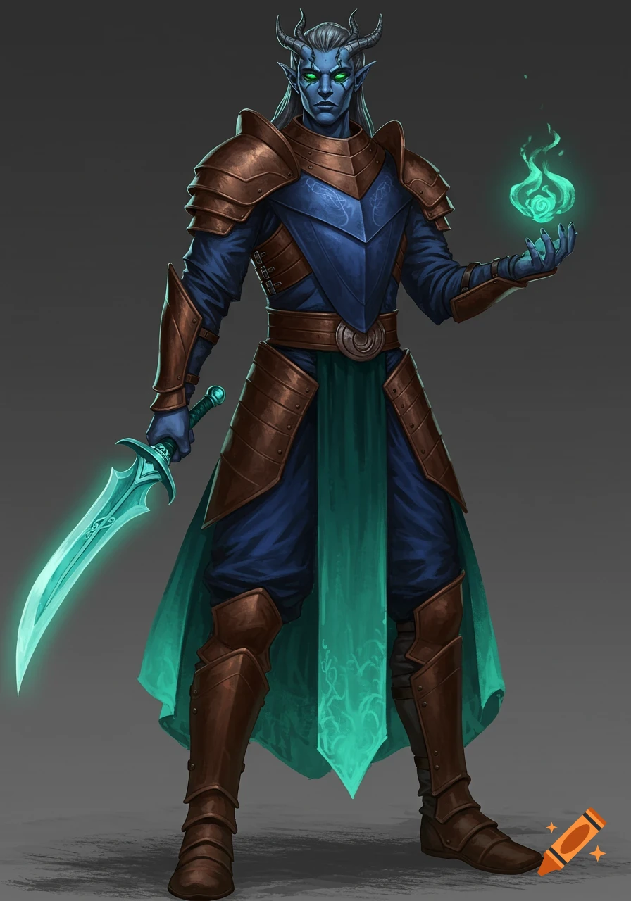 A blue-skinned horned fantasy warrior in brown and blue armor, holding a glowing cyan sword and conjuring green fire.